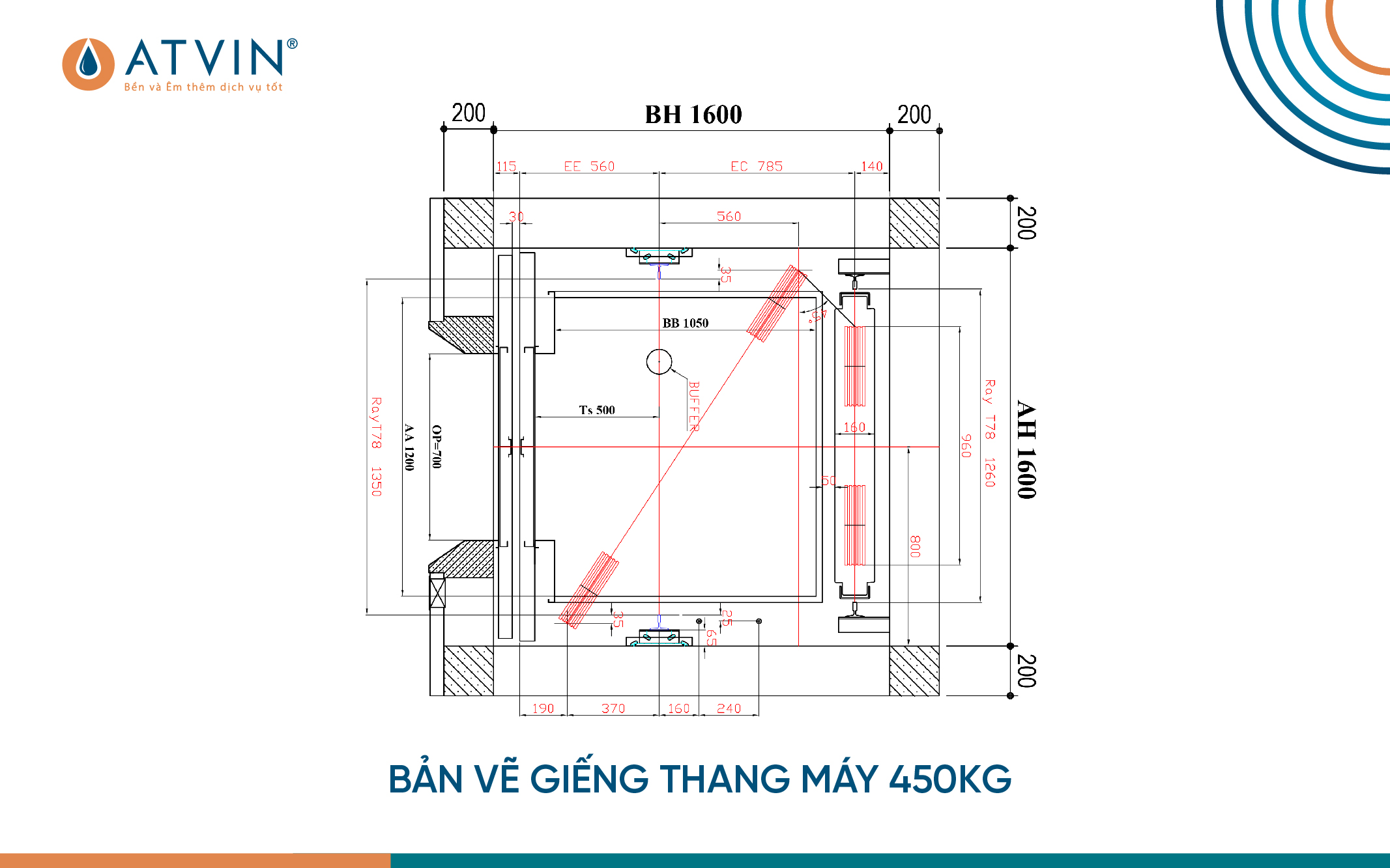 Bản vẽ giếng thang máy gia đình 450Kg